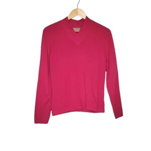Raspberry Pink Long Sleeve Flat Knit Simple V-Neck Sweater